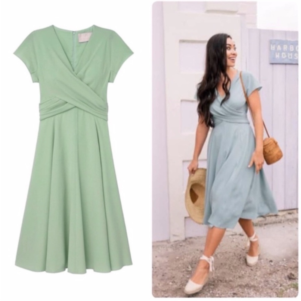 Gal Meets Glam Seraphina Crisscross Bodice Wrap Midi Dress mint green